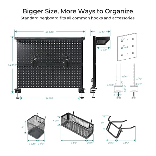 EUREKA ERGONOMIC Metal Pegboard, 43x34inch Clam on Desk Pegboard with Dual Monitor Stand, Garage Pegboard with 4 Accessories, Desk Shelves for Tool organizer, Office, Gaming Desk, Workbench, Black
