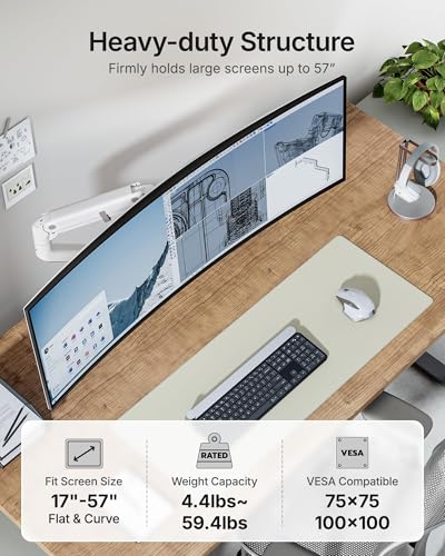 monTEK Heavy-Duty Monitor Arm for 17-57" Ultrawide Curved Screen, Supports up to 59.4 lbs, Adjustable Gas Spring Arm, 75/100 VESA Mount, Clamp & Grommet Desk Monitor Mount Single, White
