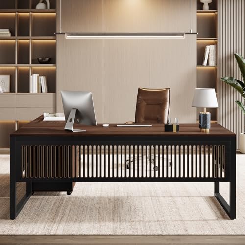 Tribesigns 63-Inch L-Shaped Executive Desk with Mobile File Cabinet, Large Office Computer Desk, Business Furniture Table with Drawers and Storage Shelves for Home Office, Dark Walnut & Black