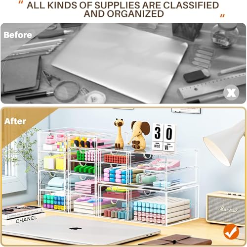 caktraie Makeup Organizer Storage With 16 Drawers, 4 Pcs Desktop Office Supplies, Desk Organizers, Clear Accessories, Dustproof Storage Drawer and for Make Up, Jewelry, Pen, Stationary