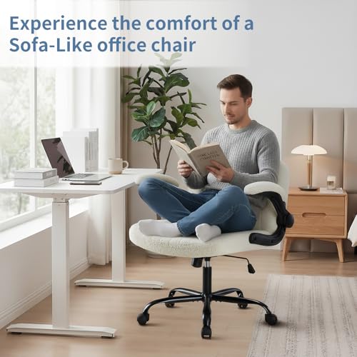 DUMOS Criss Cross Home Office Chair with Wheels, Wide Cross Legged Desk Vanity Chair Comfy Fabric Flip-Up Armrests Adjustable Swivel Chairs for Home Computer Bedroom, Creamy White