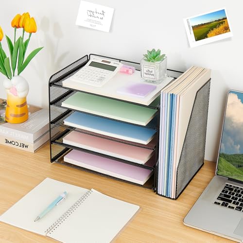 OPNICE Desk Organizers and Accessories, 5-Tier Paper Organizer Letter Tray with Magazine Holder, Office Desk Accessories & Workspace Organizers, Desktop File Organizer for Office Supplies, Black