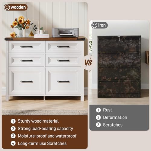 Halitaa 6 Drawer File Cabinets,Farmhouse Lateral Filing Cabinet Fits Letter and A4 Size, Wooden File Cabinet for Home Office, Printer Stand,Antique White