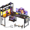 ODK 53 Inch L Shaped Gaming Desk with LED Lighting, Reversible Desk with Power Outlets, Cornor Computer Table with Storage Shelves & Bag & Iron Hook, Home Office Table for Writing, Study, Black