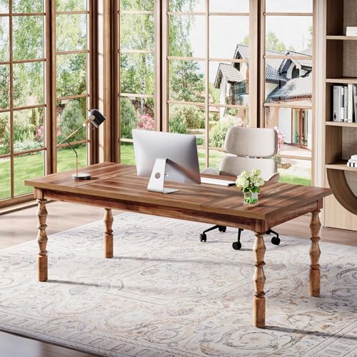 Tribesigns Large Executive Office Desk, 62.2-Inch Farmhouse Modern Computer Desk, Mid Century Study Writing Table Workstations Business Office Furniture with Carved Turned Legs (Walnut)