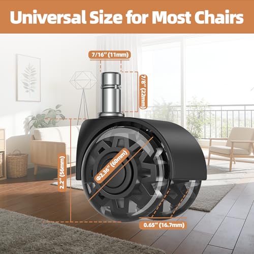 2" Replacement Wheels for Office Chair, Set of 5 Universal Size 11x22mm Roller Blade Wheels for Computer Gaming Chair, Carpet & Hardwood Floors, Quiet Heavy-Duty Smooth (Black)