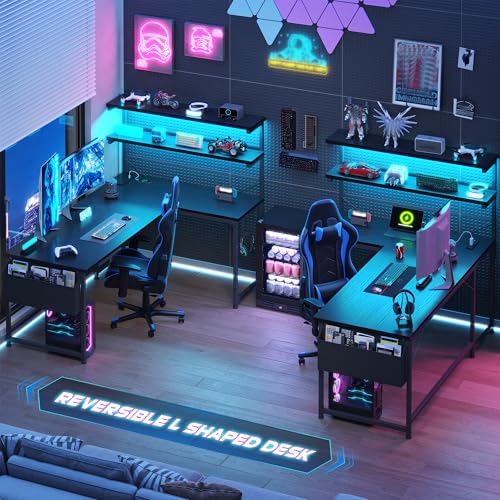 DurayLoly 53 Inch L Shaped Desk Gaming Desk with LED Light & 5 Power Outlet, Reversible Computer Desk with Shelf & Storage Bag Gamer Corner Desk with Headphone Hook for Gaming Room,Small Space,Black
