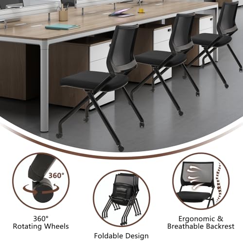 CLATINA Stackable & Foldable Chairs with Wheels, Reception Guest Chairs with Lumbar Support, Ergonomic Mesh Back Folding Chair for Office Schools Training Conference Waiting Room, Black, 8PACK