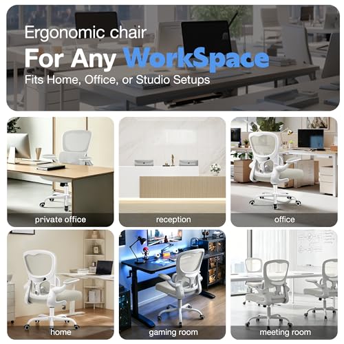 ALLGOD Ergonomic Office Chair, Breathable Mesh Ergonomic Desk Chair with Adjustable Lumbar Support, Flip-up Armrests, Computer Chairs Comfortable for Home, Office, Work, 300lbs, White, Upgrade