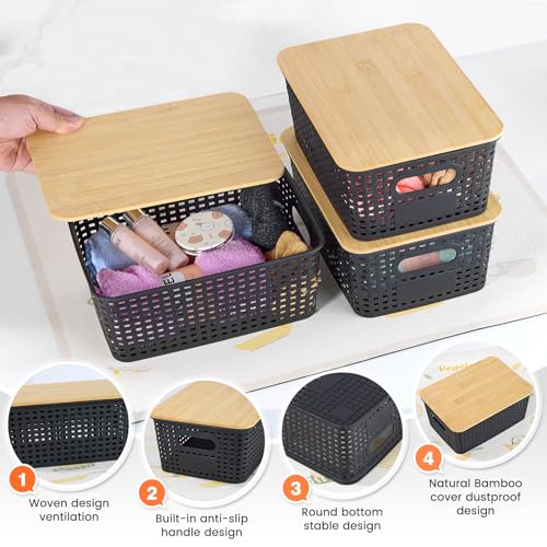 Ohmlove Plastic Storage Baskets With Bamboo Lid - Plastic Storage Containers Stackable Storage bins: Storage Baskets for Organizing Shelves Drawers Desktop Closet Playroom Classroom Office, 6 Pack