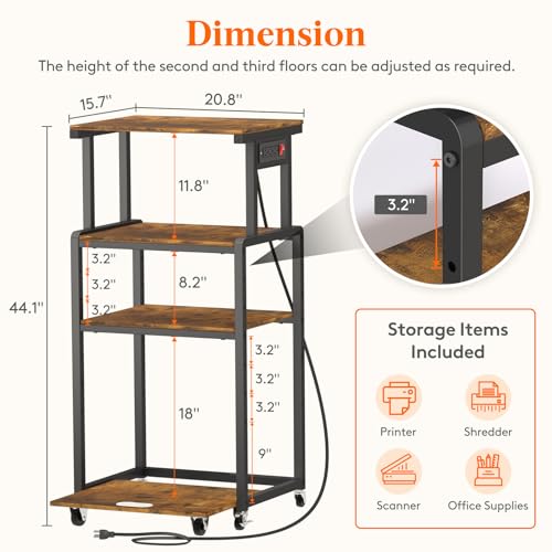 Lifewit 4 Tier Printer Stand with 3 Power Outlets, Wheels and Adjustable Storage Shelf for Home Office, Rolling Printer Cart for Shredder, Scanner, Fax, Hold 340lbs, Rustic Brown