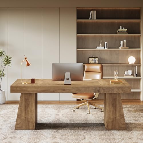 Tribesigns 55-Inch Executive Desk, Thick Wood Office Computer Desk with Double Pedestal, Modern Minimalist Workstations Writing Table Conference Table Furniture for Home Office, Brown