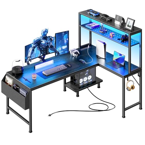 PRAISUN 51.2" L Shaped Gaming Desk with Power Outlets & USB-C Port, LED Lights, Computer Desk with Pegboard, Corner Desk with Storage Shelves & Bag, Office Desk with CPU Stand for Home Office, Black