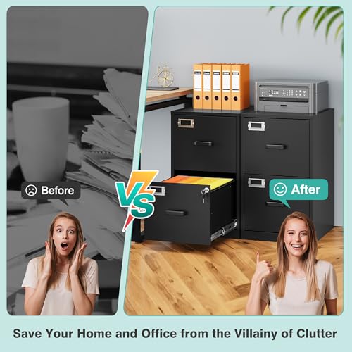 SISESOL 2 Drawer File Cabinet with Lock,Narrow Vertical Filing Cabinet,Under Desk File Cabinets,Black Metal File Cabinets for Home Office,Fit Letter/A4/Legal Size File, Easy Assembly