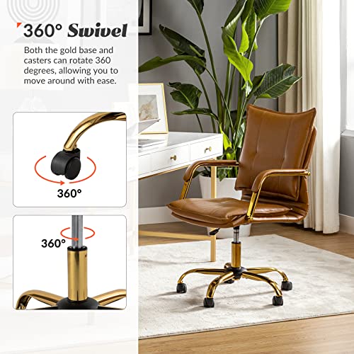 HULALA HOME Faux Leather Home Office Desk Chair, Adjustable Swivel Computer Chair with Golden Legs and Arms, Comfy Upholstered Task Chair,Camel