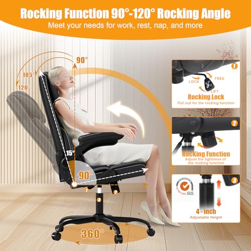 Executive Office Chair with Flip-up Armrests,Ergonomic Computer Desk Chairs,Mid-Tall Back Leather Office Chair,Lumbar Support Swivel PC Chair with Rocking Function