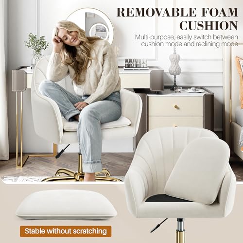 BestEra Vanity Chair with Wheels, Comfy Home Office Desk Chairs Adjustable Modern Velvet Makeup Vanity Chairs for Bedroom Living Room-Beige