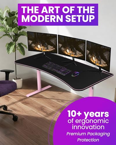 Arozzi Arena Large Gamer Desk - 63x32” Adjustable Height PC Gaming Desk with Storage for Cables & Triple-Monitor Support - Full-Surface Washable Mousepad - Pink