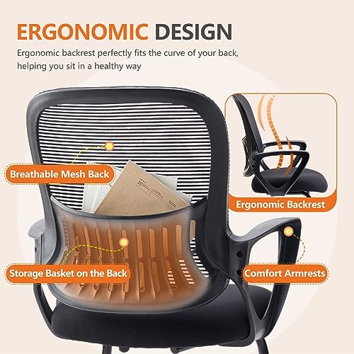 Sweetcrispy Reception Chair No Wheels, Stationary Non Rolling Mesh Mid Back Computer Guest Side with Lumbar Support for Waiting Area Reception Conference Room, Set of 4, Modern Black