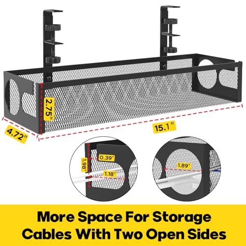 Under Desk Cable Management Tray No Drill 15.1’’, Metal Mesh Cable Management Box with Hybrid Side Slots Cable Raceway,Adjustable Cable Tray with Wire Management for Office Home,1 Pack (Black)