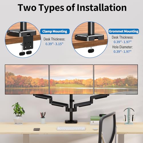 ErgoFocus Triple Monitor Desk Mount for Computer Screens up to 32", Holds up to 19.8 lbs Each, 3 Monitor Arm, Heavy Duty Stand Vesa Mount 75x75, 100x100