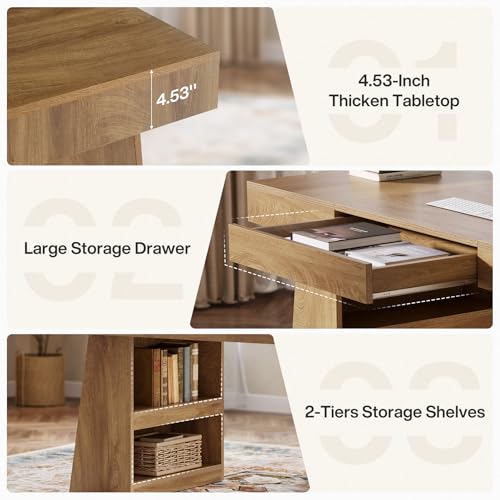Tribesigns 55-Inch Executive Desk with Drawer, Large Office Computer Desk with Double Pedestal and Storage Shelves, Farmhouse Wooden Writing Table Workstation Business Furniture for Home Office, Brown