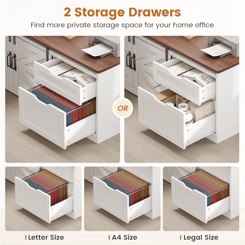 SEDETA Farmhouse L Shaped Standing Desk, 55 inch Height Adjustable Corner Desk with Storage Drawers, Standing Computer Desks with Power Outlets for Home Office, White