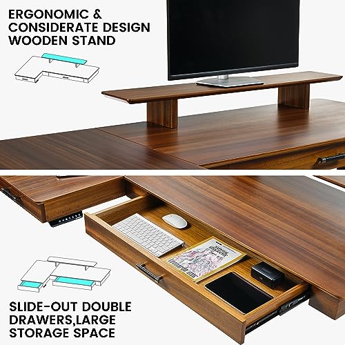EUREKA ERGONOMIC L Shaped Desk 63", Solid Walnut Wood Top, Executive Standing Desk Adjustable Height, Dual Motor Corner Workstation with Drawers & Monitor Shelf for Home Office, Left