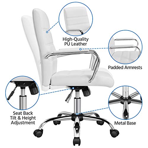 Yaheetech Office Desk Chair Mid-Back Leather Computer Chair Height Adjustable Ergonomic Executive Chair w/Lumbar Support Comfy Thick Padded Armrests and Seat, White