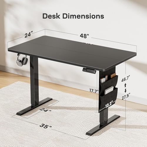 HUANUO Electric Standing Desk, 48 x 24 Inch Height Adjustable Computer Desk with Storage Bag, 4 Height Memory Settings, Sit Stand Up Desk for Home Office, Black