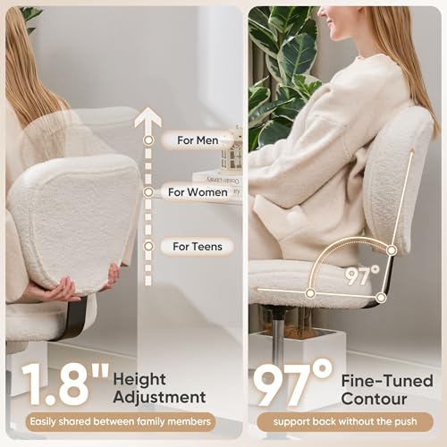 EGSEAT Criss Cross Office Chair with Wheels, Adjustable-Height Backrest & Swivel Footrest, Ergonomic Cross Legged Chair with Leg Rest for Kneeling Meditation Yoga ADHD, Beige Teddy Fleece