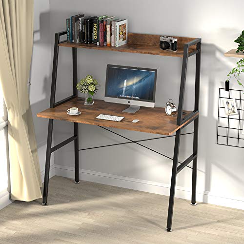 EUREKA ERGONOMIC,43 Inch 2-Tier Home Office Students Study Writing PC Gaming Table with Bookshelf Small Computer Ladder Desk with Storage Shelves,Modern Workstation for Space Saving, Rustic Brown