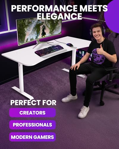 Arozzi Arena Large Gamer Desk - 63x32” Adjustable Height PC Gaming Desk with Storage for Cables & Triple-Monitor Support - Full-Surface Washable Mousepad - Pure White