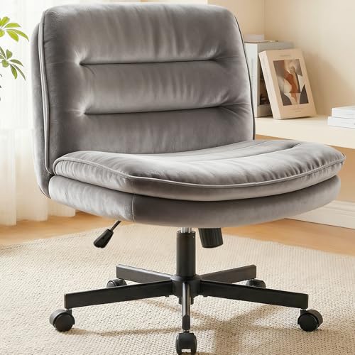 COMHOMA Criss Cross Office Chair with Wheels Armless Desk Chair Comfy, Modern Vanity Chair for Home Bedroom, Comfortable Wide Seat for Lower Back Pain Relief, Soft Velvet, Gray