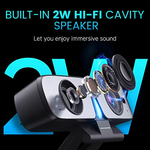 ROCWARE RC08 2K Webcam with Speaker, Webcam for PC, HD Web Cam with Noise Reduction Mic/Harman Speaker/4X Eptz/Privacy Cover/0.2S Auto-Focus/Low Illumination, Computer Camera for Zoom/Teams/Meeting