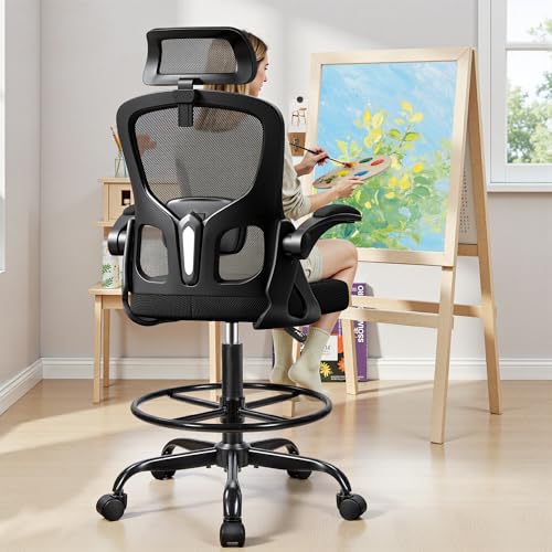 FINATI Drafting Chair, Tall Office Chair for Standing Desk, Ergonomic High Back with Headrest, Lumbar Support, Foot Ring and Flip-up Armrests, Black