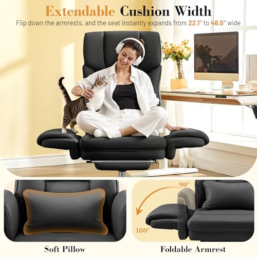 FelixKing Big and Tall Office Chair, 400LBS Wide Leather Executive Chair, Reversible Armrest for Pets Criss Cross Legged, 135° Reclining High Back Gaming Desk Chair with Lumbar Support Footrest, Black