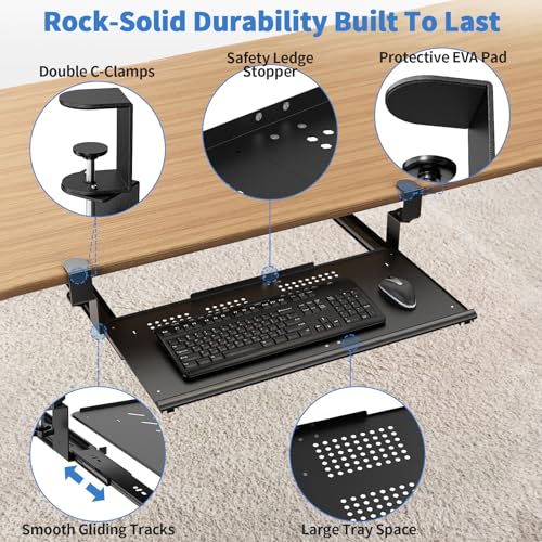 Strifuture Keyboard Tray Under Desk - Full Metal Slide Out Holder, Rust-Resistant & Scratch-Proof, Double C-Clamps, 26x13" Tray for L Shape/Regular Desks, Standing/Sitting Workstation(Black-B)