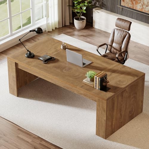 Tribesigns Executive Office Desk, 70.9-Inch Large Farmhouse Wooden Computer Desk with Sturdy Double Pedestal Legs, Writing Workstation Business Furniture for Home Office (Brown)