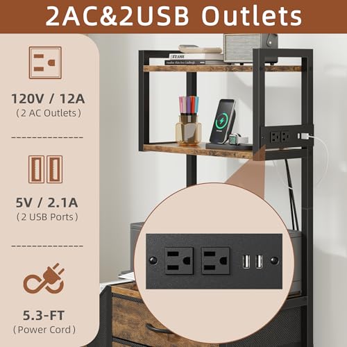 HIGDBFE 3 Drawer File Cabinet with Charging Station, 45''H, 3-Tier Small Filing Cabinet for Home Office, 11''*16'' for Small Printer, Fabric Drawer Fits Letter/A4, Tall Printer Stand, Rustic Brown