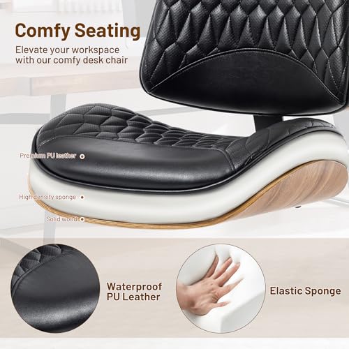 KBEJDBS Walnut Bentwood Mid Back Armless Office Chair 1 Pack, Adjustable Height PU Leather Swivel Desk Chair with Wheels, Rolling Computer Task Chair for Home Office, Study, Meeting Room