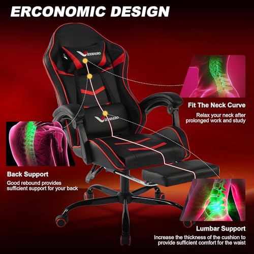 Gaming Chair for Adults, Ergonomic Gamer Chair with Footrest, Spring Pocket Cushion, Computer Office Desk Reclining Chair with Enlarged Metal Base, Linkage Armrests, Lumbar & Headrest (Black & Red)