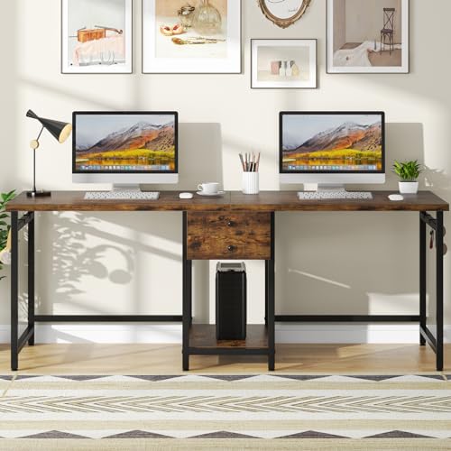 Tribesigns Two Person Desk, 79 Inch Double Desk with 2 Drawers, Large Computer Desk Long Desks with Storage Shelves, Writing Table Study Desk for Home Office, Rustic Brown (NY001)