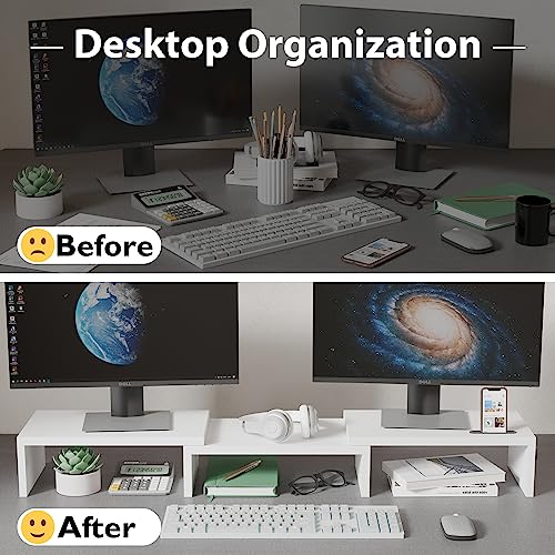 BONTEC Dual Monitor Stand Riser, Adjustable Length & Swivel Angle, Ergonomic Wooden Desktop Organizer with Smartphone Holder, Computer Monitor Stand for PC Monitor, Laptop, Printer, Large Storage