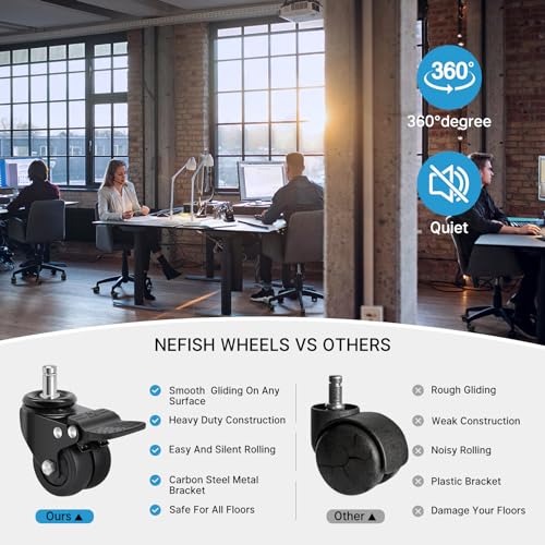 Nefish Office Chair Caster Wheels with Brake, 11mm, 2 Inch Heavy Duty Rubber Office Chair Wheel Replacement, Support 750lbs(Set of 5), Quiet Desk Chair Rollers, Safe for All Floors, Universal Fit