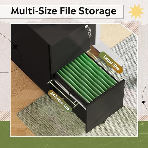 DEVAISE 3 Drawer File Cabinet with Lock, Under Desk Metal Filing Cabinets with Wheels for Home Office Fit Legal/Letter/A4 File, Assembled Except Casters,Black