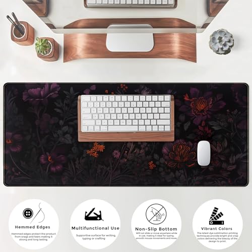 Dark Cottagecore Desk Mat Black Purple Flower XL Mouse Pad Large Gaming Mousepad Extended Vintage Aesthetic Desk Pad Keyboard Mouse Mat 31.5 x 11.8 in for Work Game Office Decor