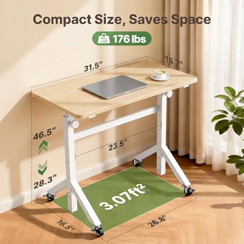 Marsail Mobile Stand Up Desk with Wheels, Adjustable Height Desk from 28.3″ to 46.5″, Rolling Standing Desk with Lockable Wheels, Portable Small Desk for Walking Pad and Treadmill, Nature