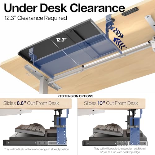 VIVO Large Height and Width Adjustable Under Desk Keyboard Tray, C-clamp Mount System, 22.5” to 30” (28.5” to 36” Including Clamps) x 11 inch Slide-Out Platform for Typing, Black, Mount-KBST1