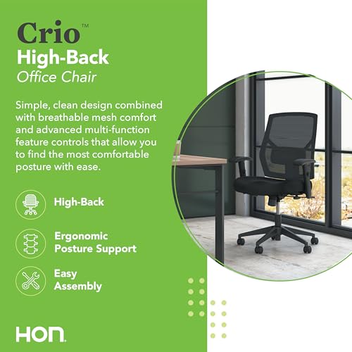 HON Crio Ergonomic Mesh Office Chair, High‑Back Desk Chair with Adjustable Arms, Lumbar Support, Center‑Tilt Swivel Seating for Computer Desks and Home Office, Black Frame, Black